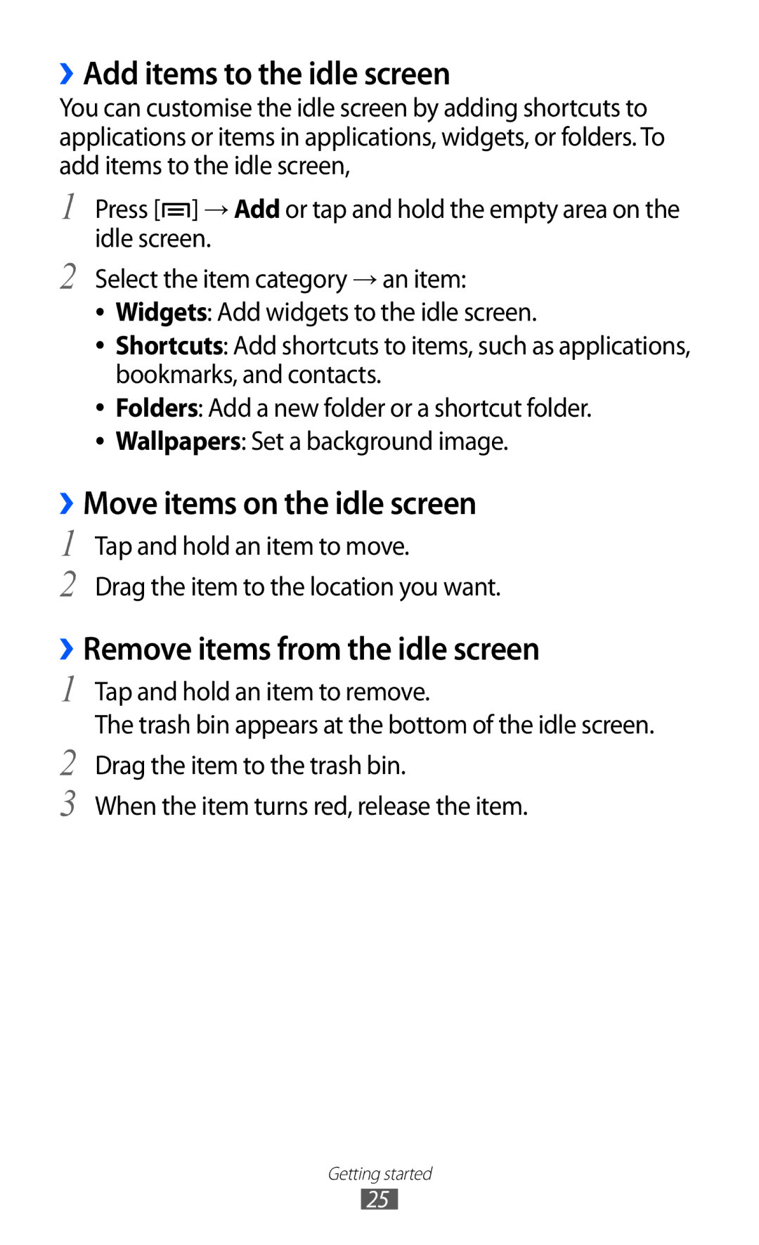 Samsung GT-I9103LKASER, GT-I9103MAAATO, GT-I9103MAATUR manual ››Add items to the idle screen, ››Move items on the idle screen 