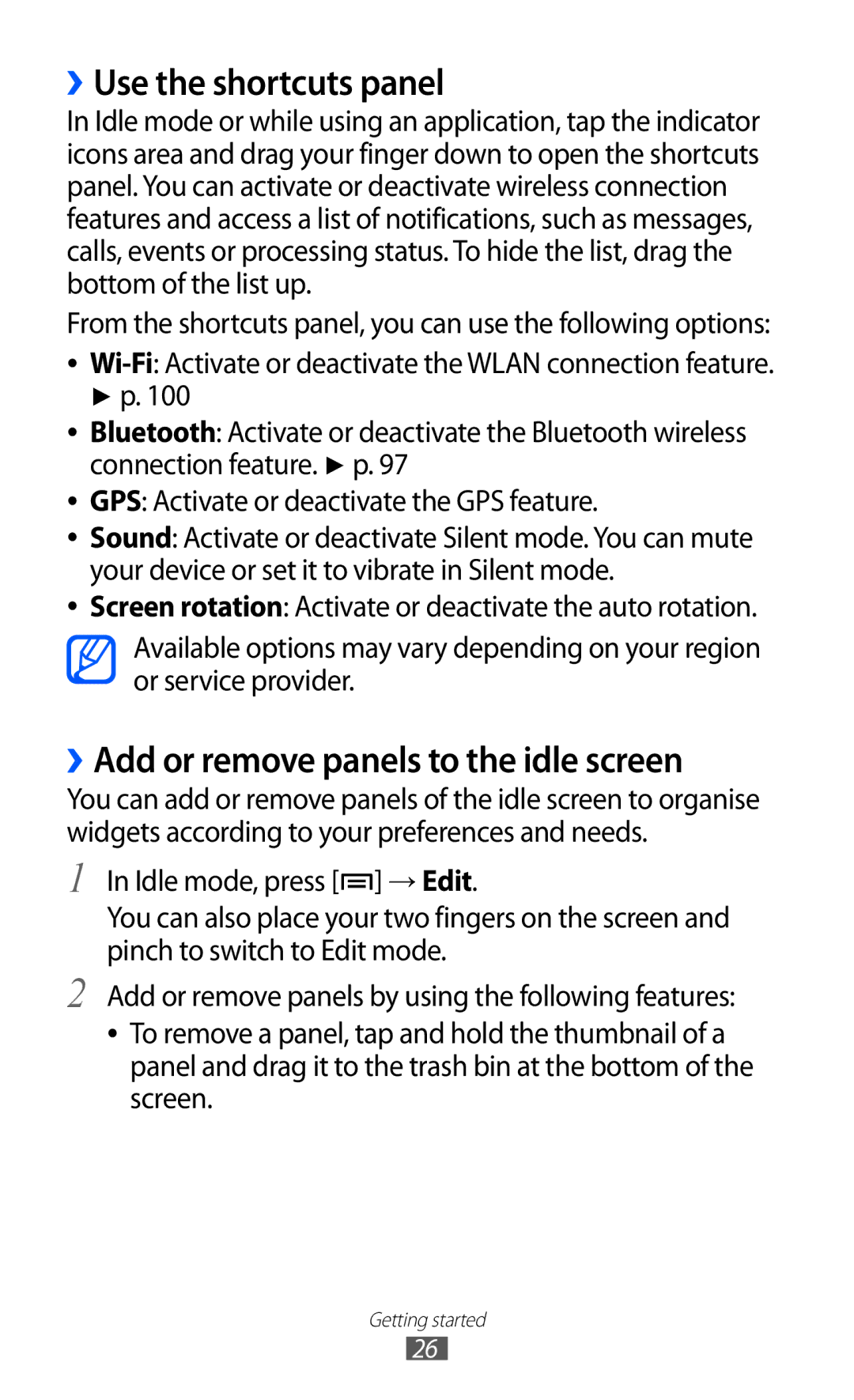 Samsung GT-I9103MAASER, GT-I9103MAAATO, GT-I9103MAATUR ››Use the shortcuts panel, ››Add or remove panels to the idle screen 