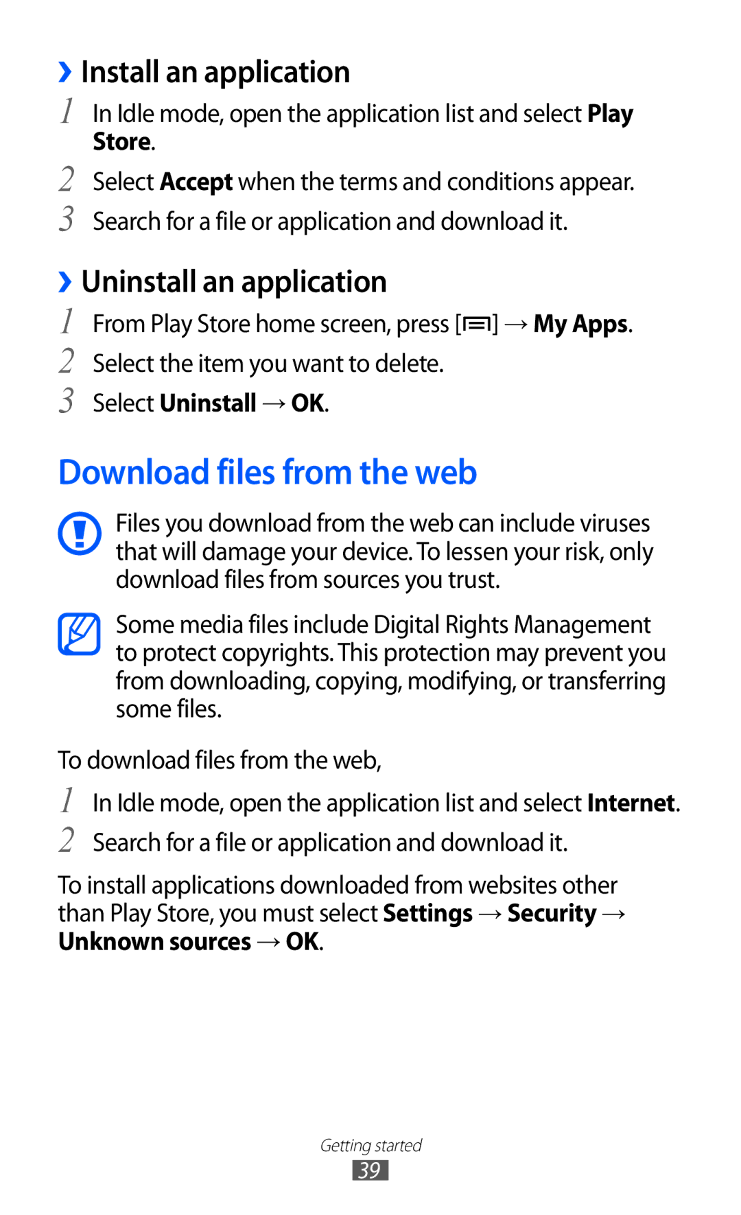 Samsung GT-I9103MAAYOG manual Download files from the web, ››Install an application, ››Uninstall an application, Store 