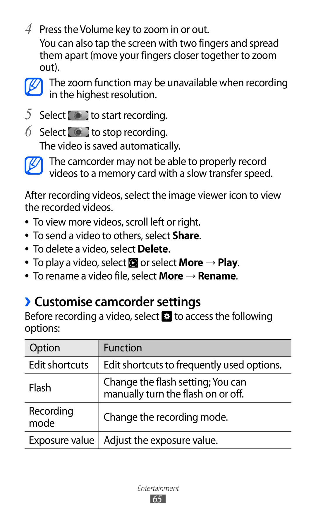 Samsung GT-I9103MAADBT, GT-I9103MAAATO, GT-I9103MAATUR manual ››Customise camcorder settings, Adjust the exposure value 