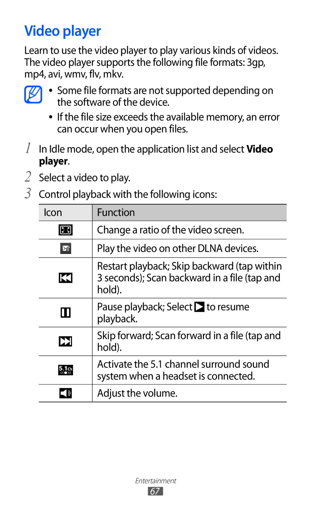 Samsung GT-I9103MAAFOP, GT-I9103MAAATO, GT-I9103MAATUR, GT-I9103MAADBT, GT-I9103MAAYOG, GT-I9103MAABGL manual Video player 