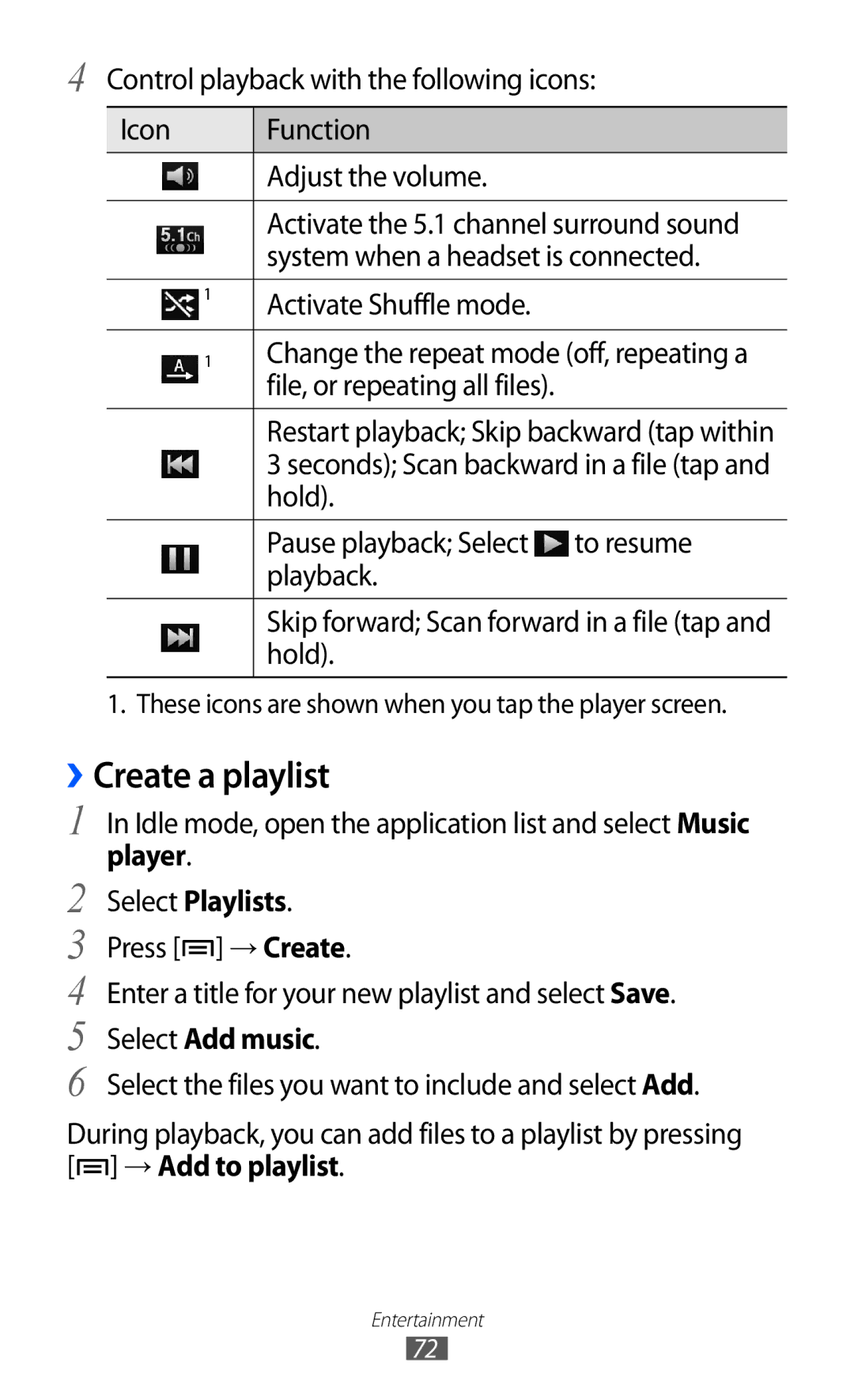 Samsung GT-I9103MAAATO manual ››Create a playlist, Hold Pause playback Select To resume Playback, Player Select Playlists 