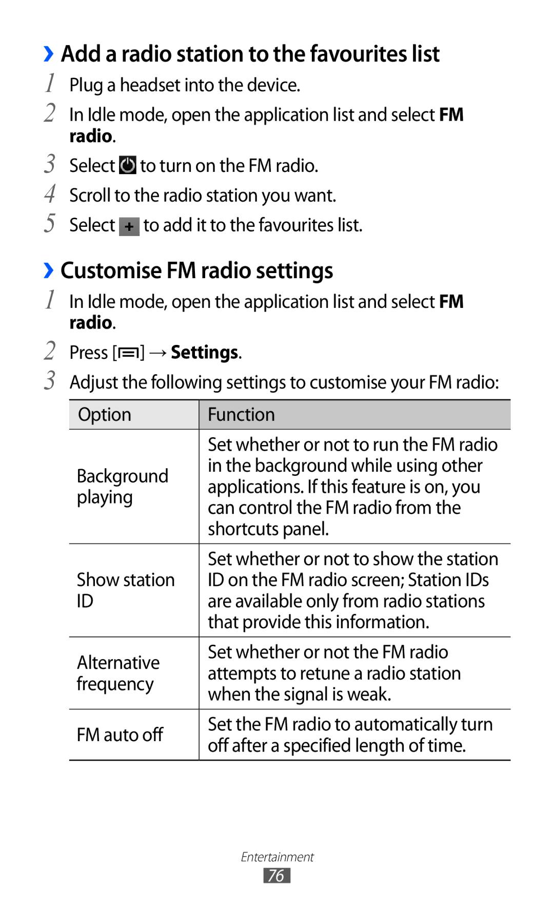 Samsung GT-I9103MAAFOP, GT-I9103MAAATO ››Add a radio station to the favourites list, ››Customise FM radio settings, Radio 