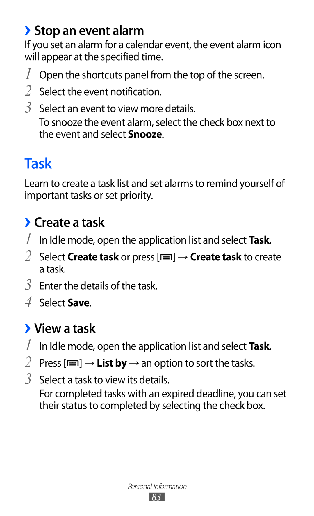 Samsung GT-I9103MAADBT, GT-I9103MAAATO, GT-I9103MAATUR manual Task, ››Stop an event alarm, ››Create a task, ››View a task 