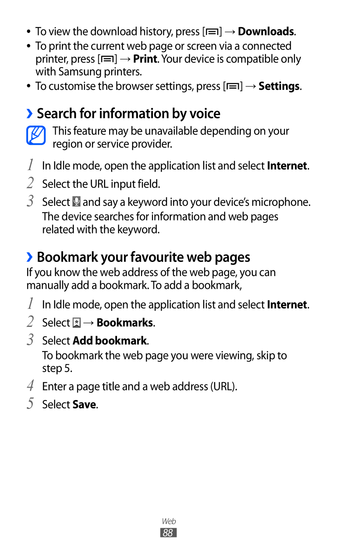 Samsung GT-I9103LKASER, GT-I9103MAAATO manual ››Search for information by voice, ››Bookmark your favourite web pages 