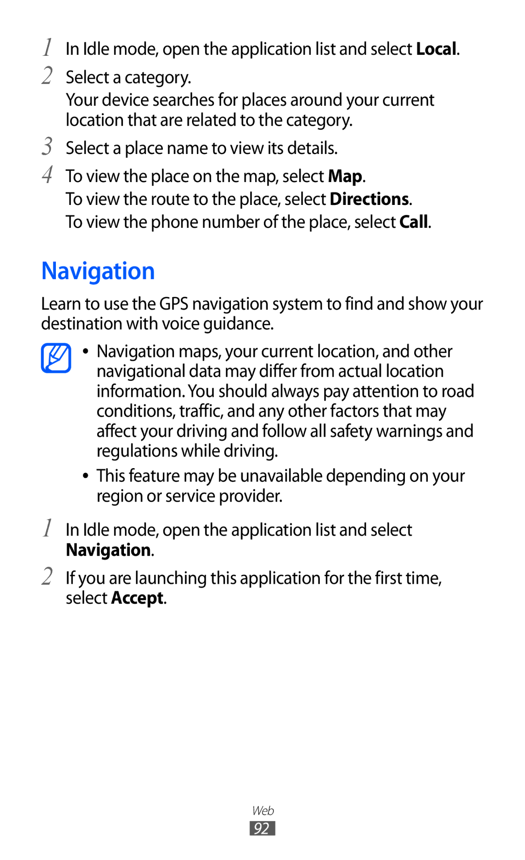 Samsung GT-I9103MAADBT, GT-I9103MAAATO, GT-I9103MAATUR, GT-I9103MAAYOG, GT-I9103MAAFOP, GT-I9103MAABGL manual Navigation 