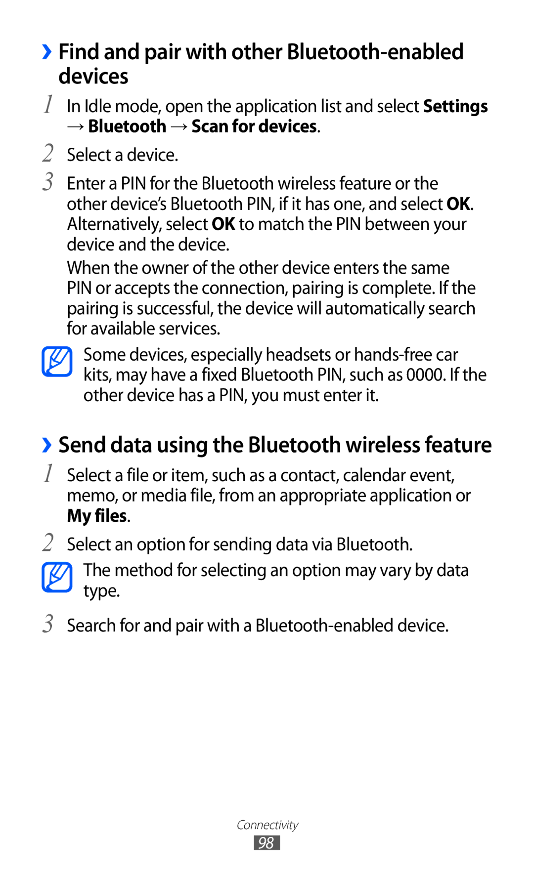 Samsung GT-I9103MAASER manual ››Find and pair with other Bluetooth-enabled devices, → Bluetooth → Scan for devices 