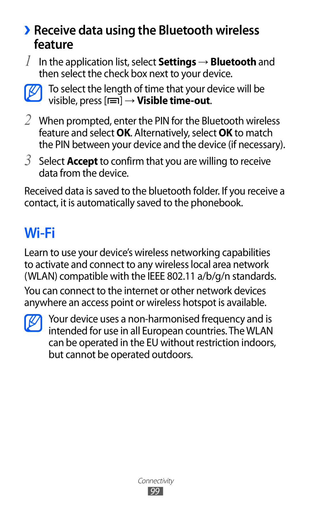 Samsung GT-I9103MAAATO, GT-I9103MAATUR, GT-I9103MAADBT manual Wi-Fi, ››Receive data using the Bluetooth wireless feature 