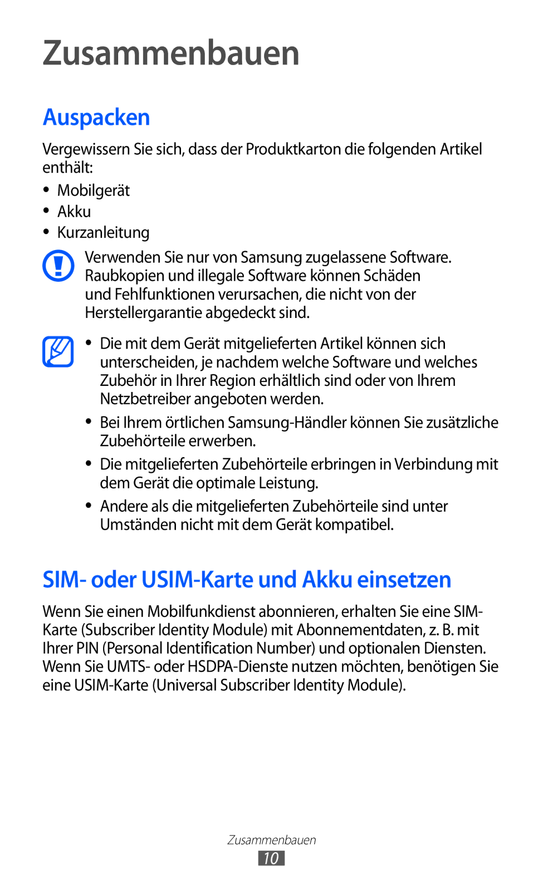 Samsung GT-I9103MAATUR, GT-I9103MAAATO, GT-I9103MAADBT Zusammenbauen, Auspacken, SIM- oder USIM-Karte und Akku einsetzen 