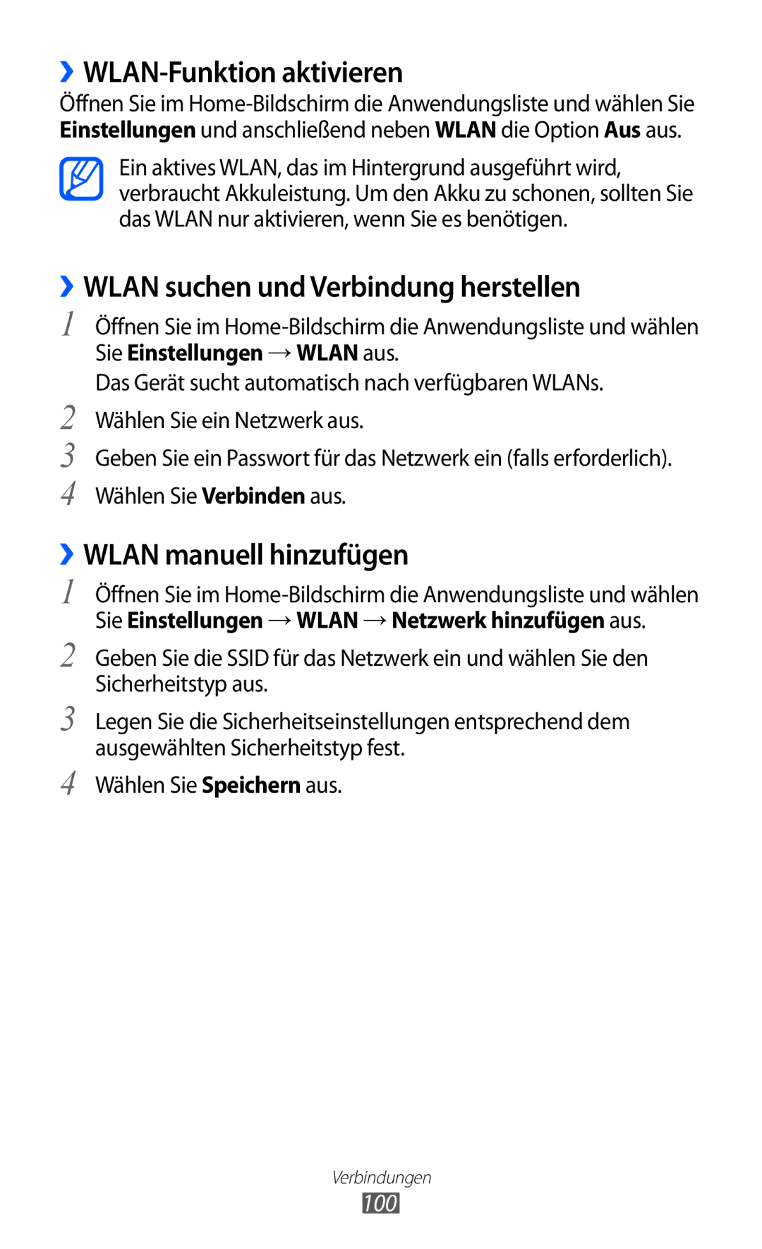 Samsung GT-I9103MAATUR ››WLAN-Funktion aktivieren, ››WLAN suchen und Verbindung herstellen, ››WLAN manuell hinzufügen, 100 