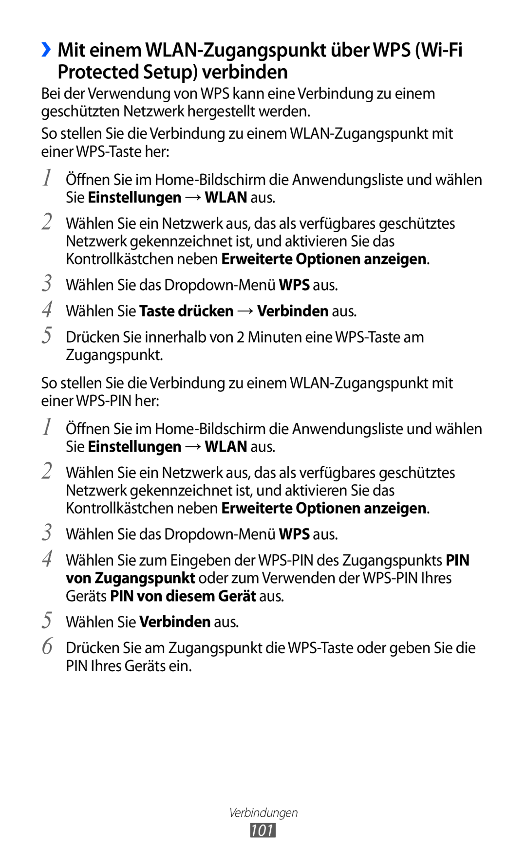 Samsung GT-I9103MAADBT, GT-I9103MAAATO, GT-I9103MAATUR Protected Setup verbinden, 101, Wählen Sie das Dropdown-Menü WPS aus 