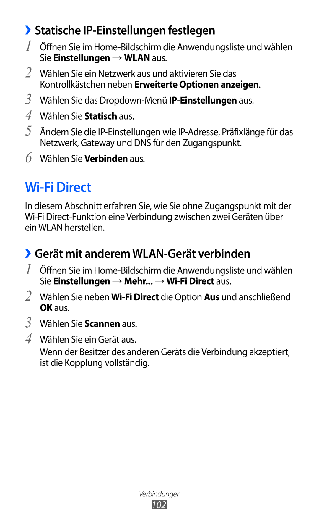 Samsung GT-I9103MAAATO Wi-Fi Direct, ››Statische IP-Einstellungen festlegen, ››Gerät mit anderem WLAN-Gerät verbinden, 102 