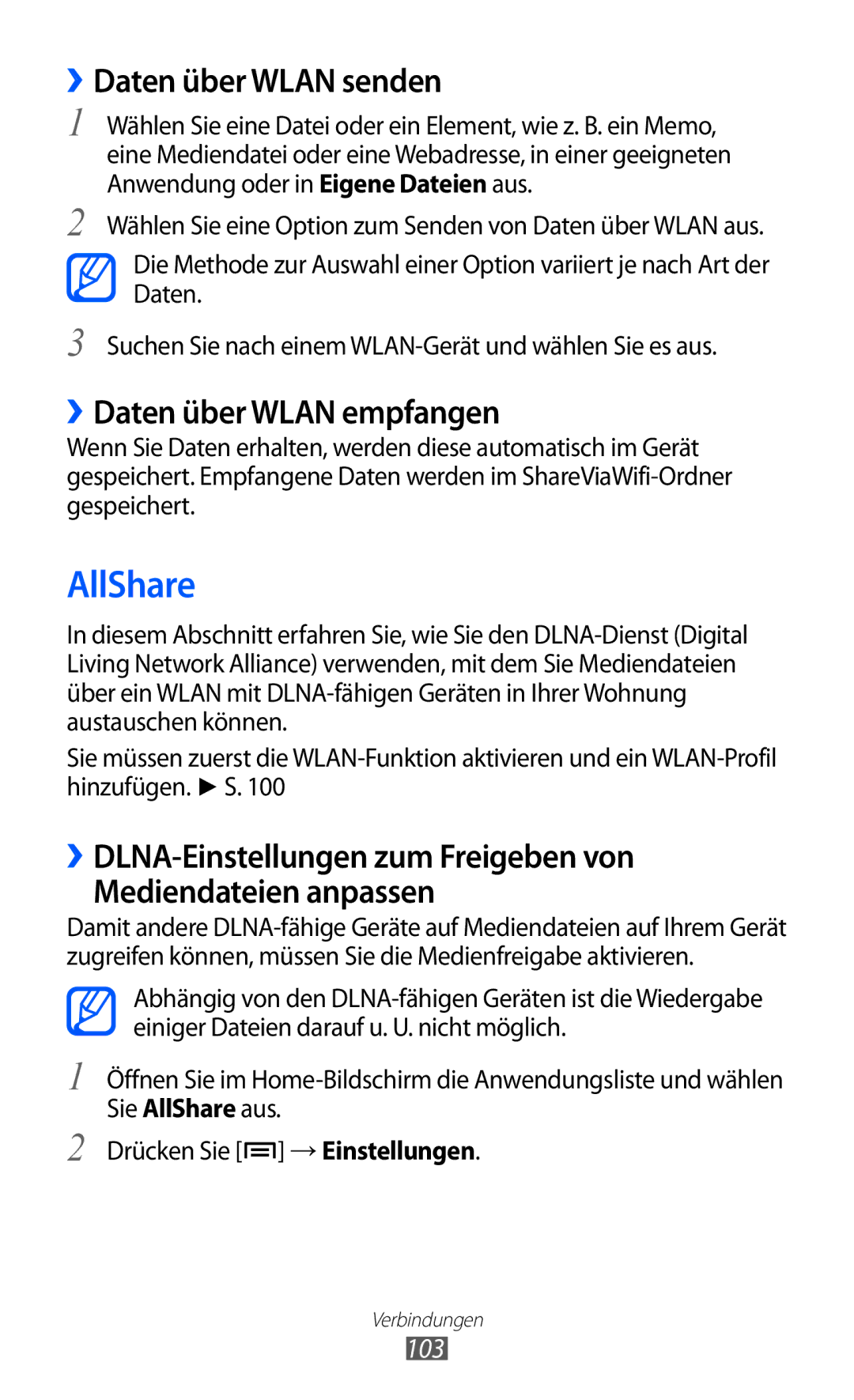Samsung GT-I9103MAATUR, GT-I9103MAAATO, GT-I9103MAADBT manual AllShare, ››Daten über Wlan senden, ››Daten über Wlan empfangen 