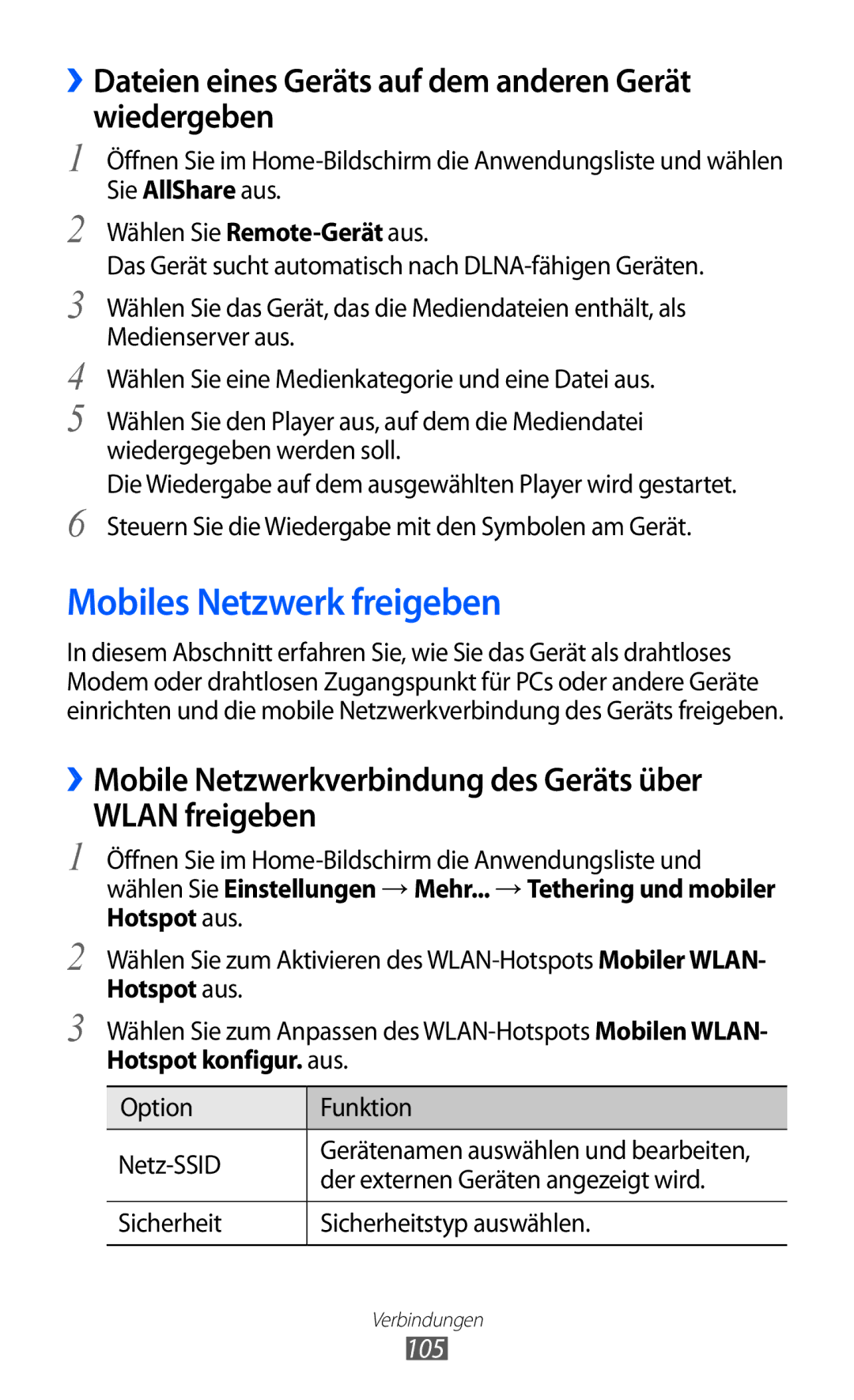 Samsung GT-I9103MAAATO manual Mobiles Netzwerk freigeben, ››Dateien eines Geräts auf dem anderen Gerät wiedergeben, 105 