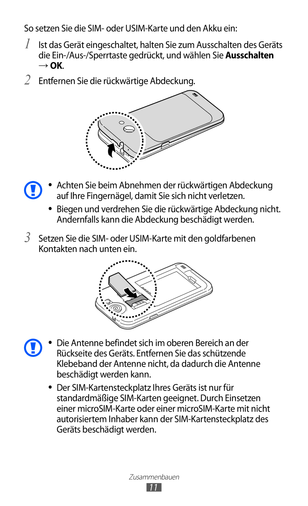 Samsung GT-I9103MAADBT, GT-I9103MAAATO, GT-I9103MAATUR manual So setzen Sie die SIM- oder USIM-Karte und den Akku ein, → Ok 