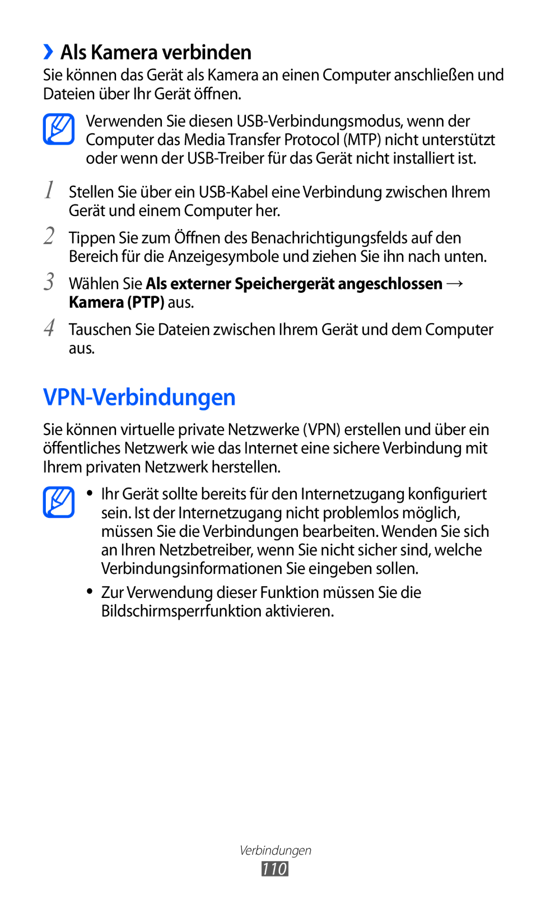 Samsung GT-I9103MAADBT, GT-I9103MAAATO, GT-I9103MAATUR manual VPN-Verbindungen, ››Als Kamera verbinden, 110 