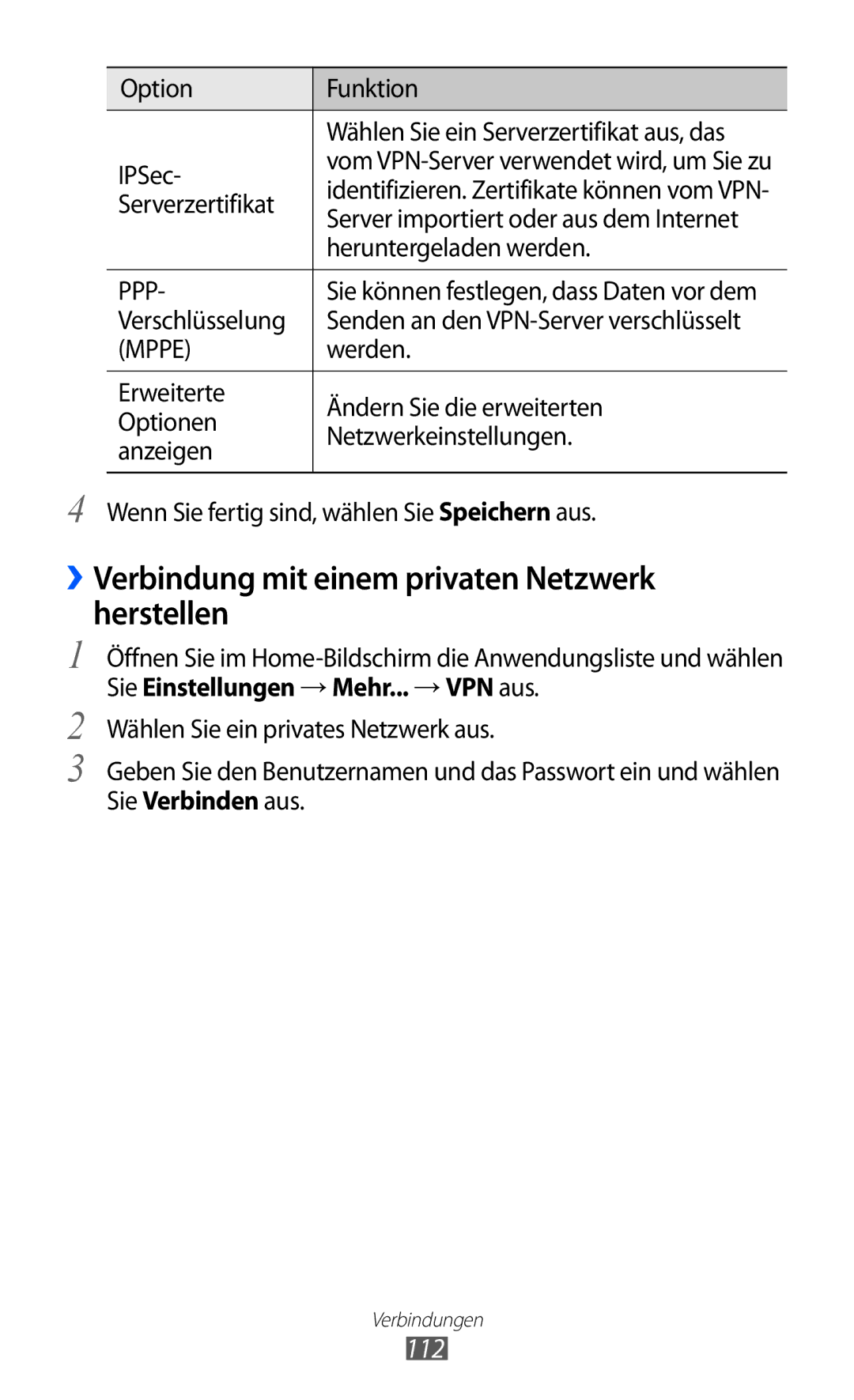 Samsung GT-I9103MAATUR ››Verbindung mit einem privaten Netzwerk herstellen, 112, Serverzertifikat, Verschlüsselung, Werden 