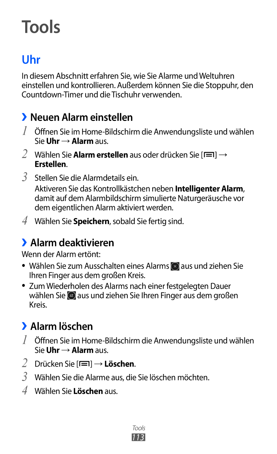 Samsung GT-I9103MAADBT, GT-I9103MAAATO manual Tools, Uhr, ››Neuen Alarm einstellen, ››Alarm deaktivieren, ››Alarm löschen 