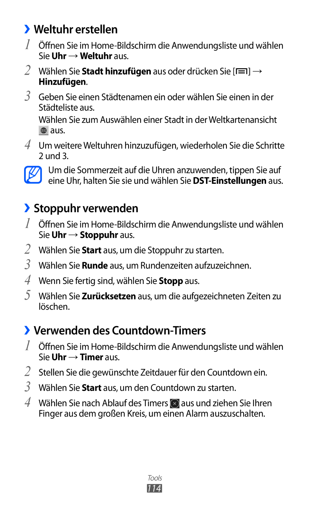 Samsung GT-I9103MAAATO, GT-I9103MAATUR manual Weltuhr erstellen, ››Stoppuhr verwenden, ››Verwenden des Countdown-Timers, 114 