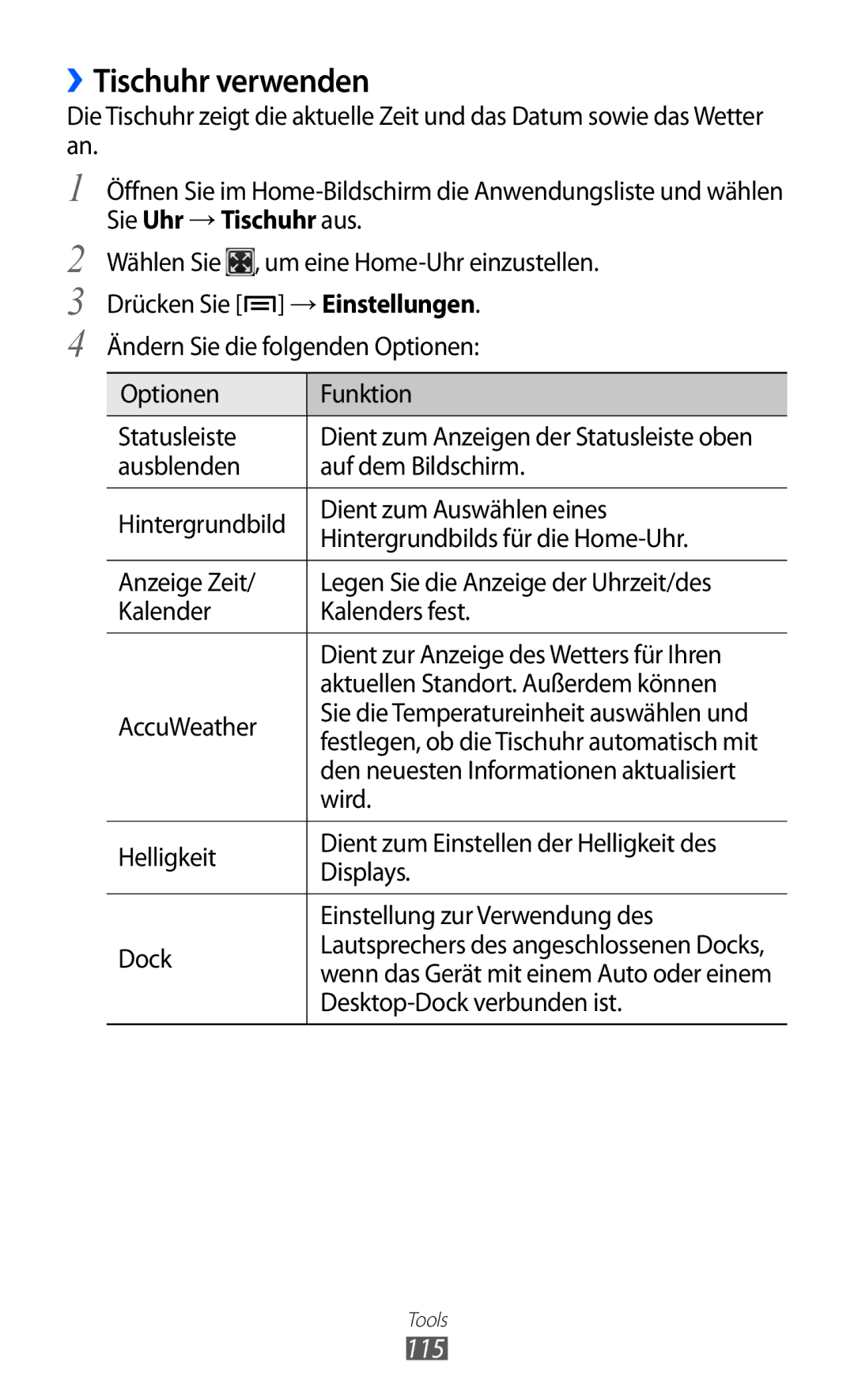 Samsung GT-I9103MAATUR, GT-I9103MAAATO, GT-I9103MAADBT manual ››Tischuhr verwenden, 115 