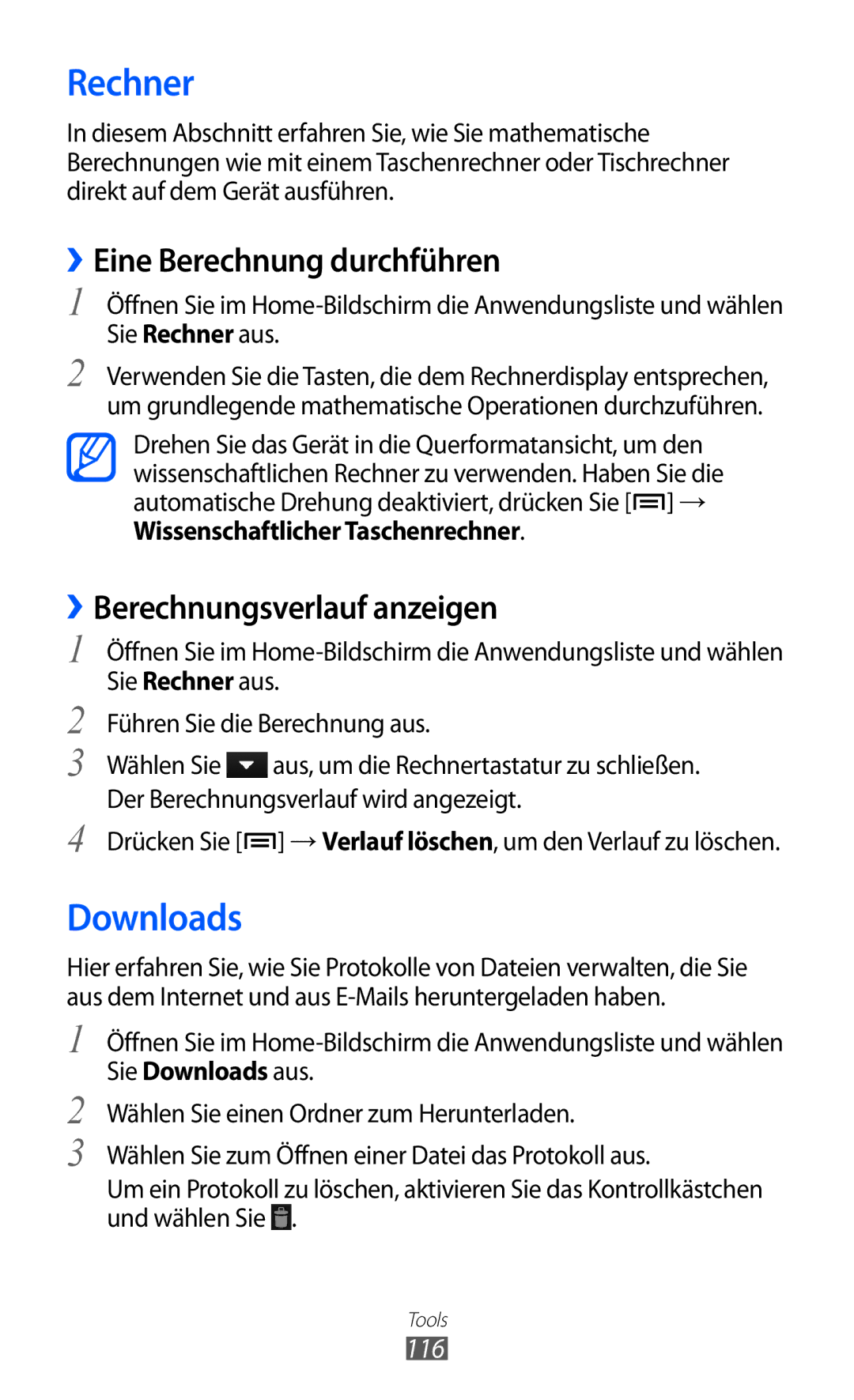 Samsung GT-I9103MAADBT manual Rechner, Downloads, ››Eine Berechnung durchführen, ››Berechnungsverlauf anzeigen, 116 