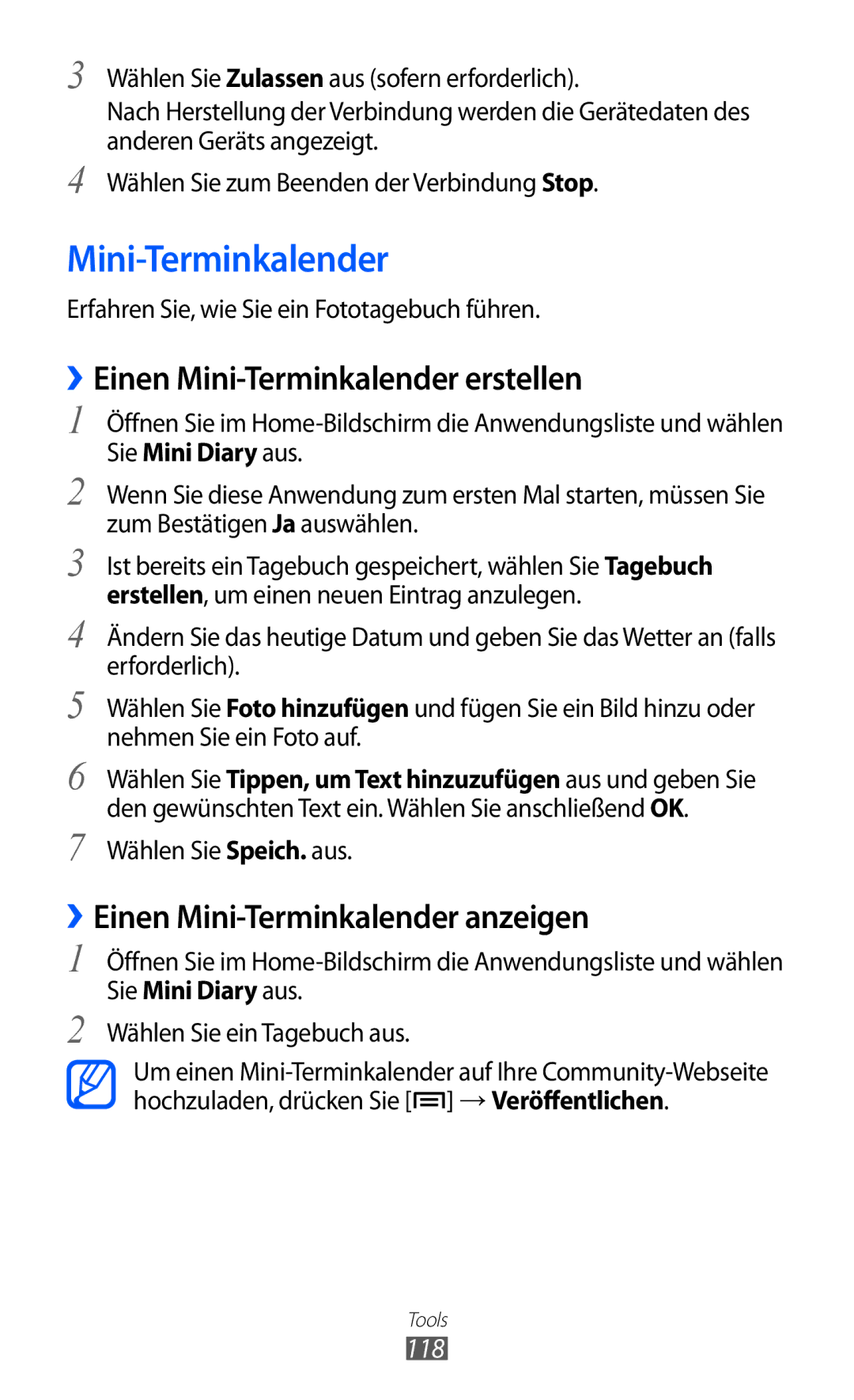 Samsung GT-I9103MAATUR manual ››Einen Mini-Terminkalender erstellen, ››Einen Mini-Terminkalender anzeigen, 118 