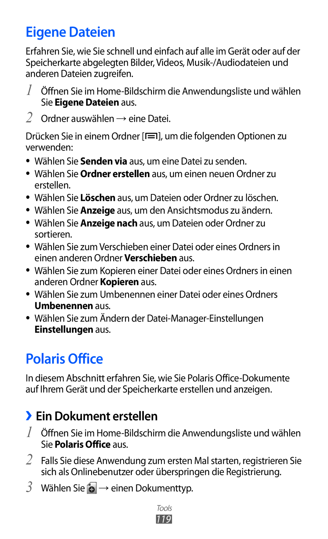 Samsung GT-I9103MAADBT manual Eigene Dateien, Polaris Office, ››Ein Dokument erstellen, 119, Wählen Sie → einen Dokumenttyp 