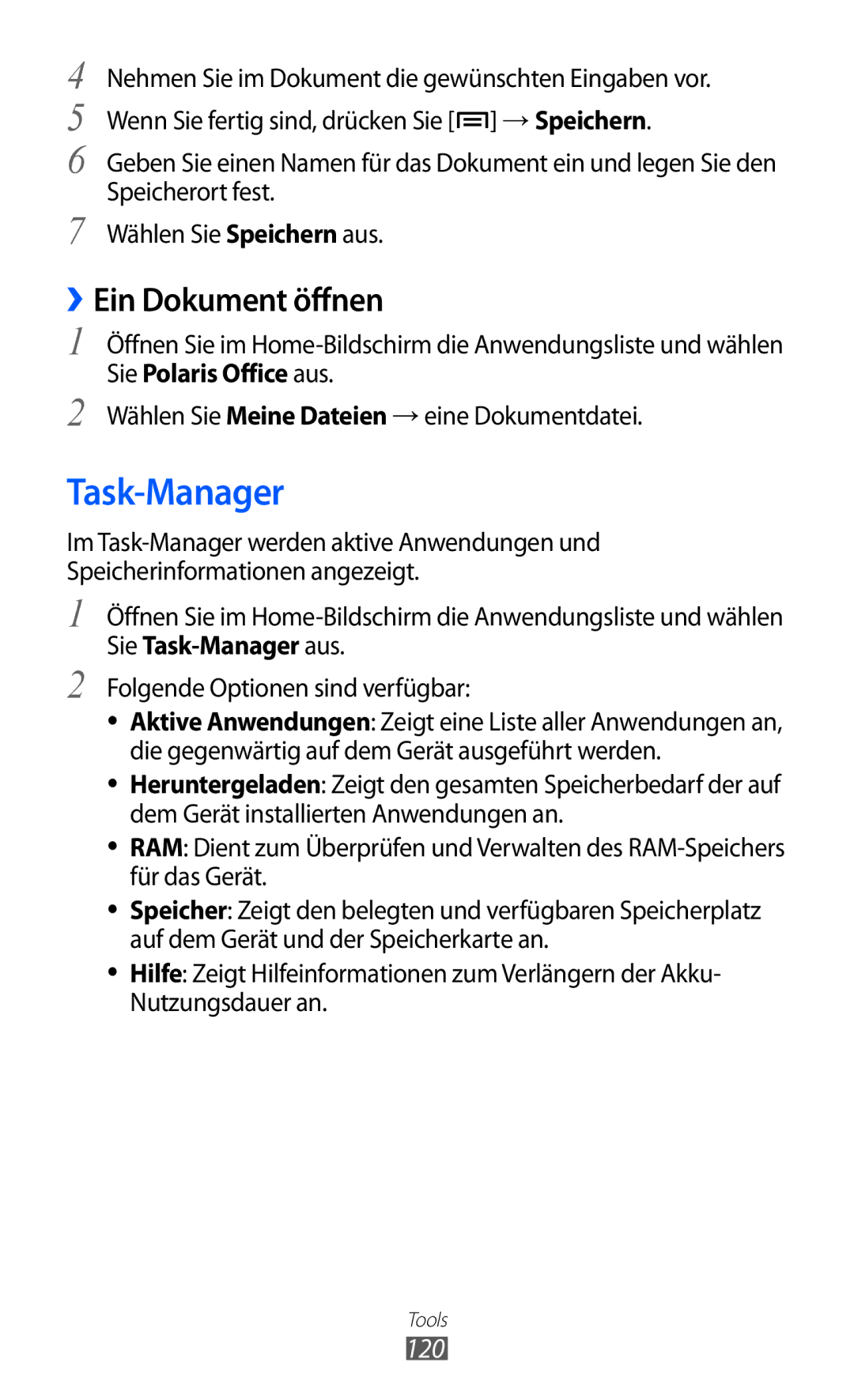 Samsung GT-I9103MAAATO, GT-I9103MAATUR, GT-I9103MAADBT manual Task-Manager, ››Ein Dokument öffnen, 120 