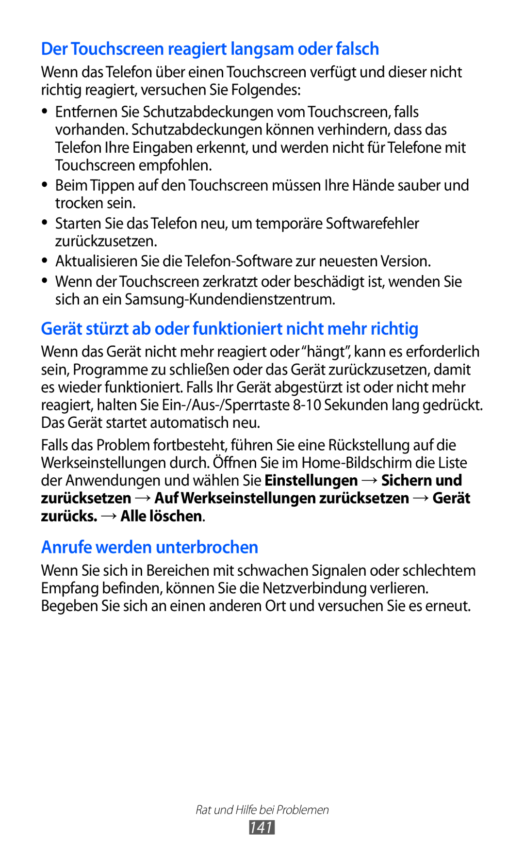 Samsung GT-I9103MAAATO, GT-I9103MAATUR, GT-I9103MAADBT manual Der Touchscreen reagiert langsam oder falsch, 141 