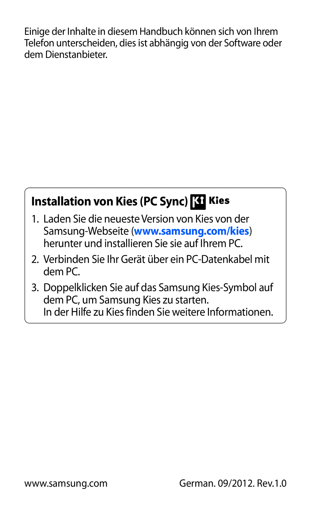 Samsung GT-I9103MAATUR, GT-I9103MAAATO, GT-I9103MAADBT manual Installation von Kies PC Sync 