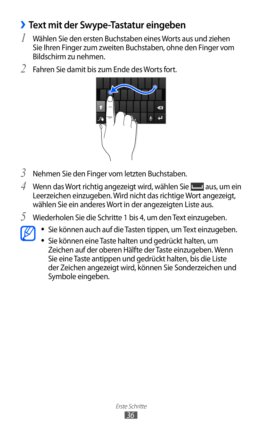 Samsung GT-I9103MAAATO, GT-I9103MAATUR, GT-I9103MAADBT manual ››Text mit der Swype-Tastatur eingeben 