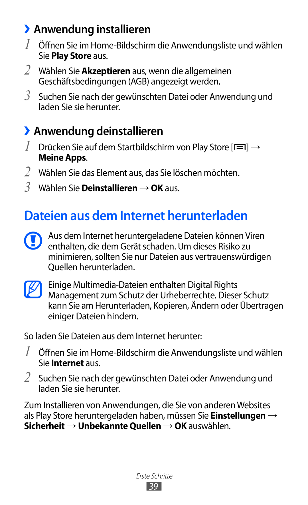 Samsung GT-I9103MAAATO manual Dateien aus dem Internet herunterladen, ››Anwendung installieren, ››Anwendung deinstallieren 