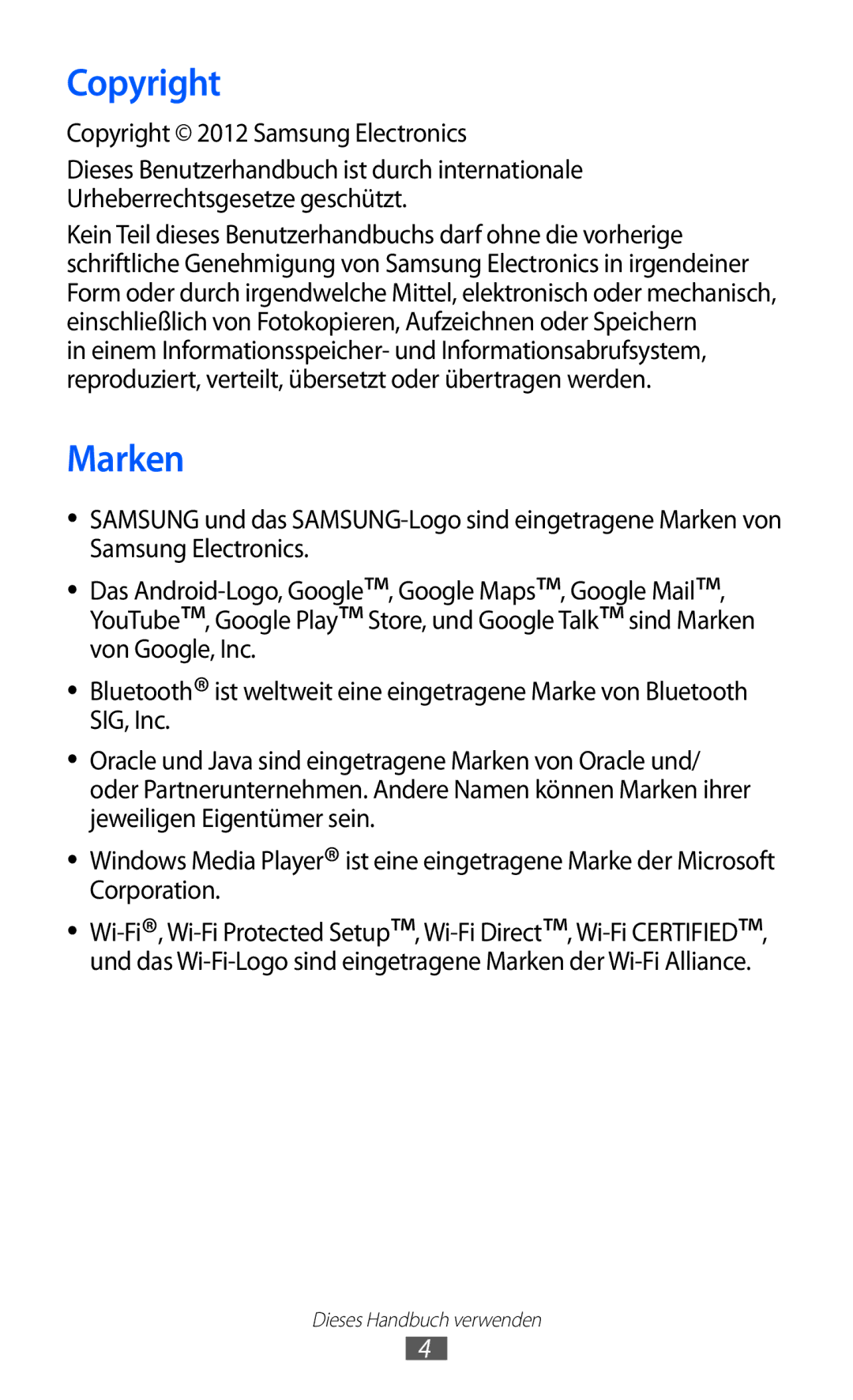 Samsung GT-I9103MAATUR, GT-I9103MAAATO, GT-I9103MAADBT manual Marken, Copyright 2012 Samsung Electronics 