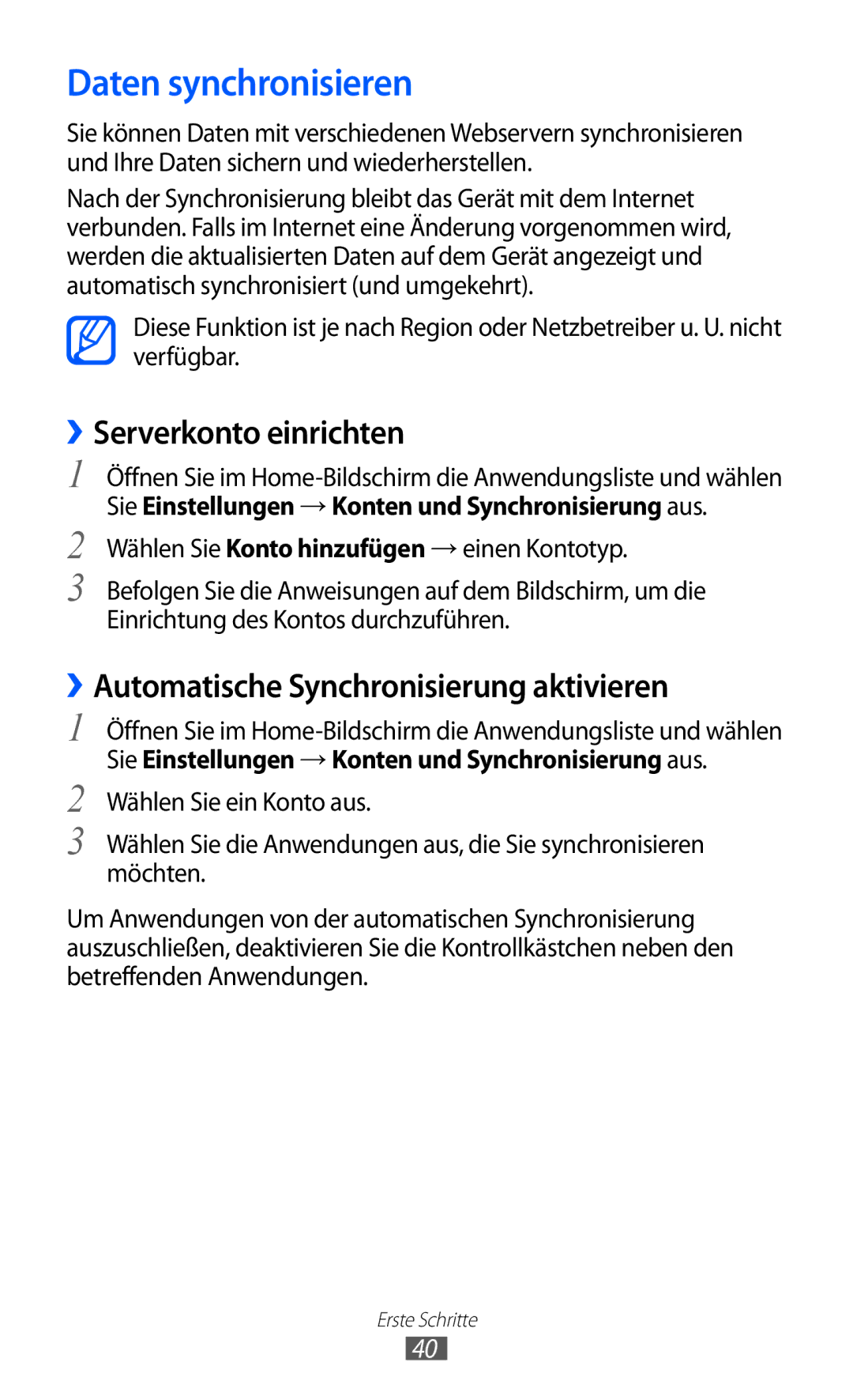 Samsung GT-I9103MAATUR manual Daten synchronisieren, ››Serverkonto einrichten, ››Automatische Synchronisierung aktivieren 