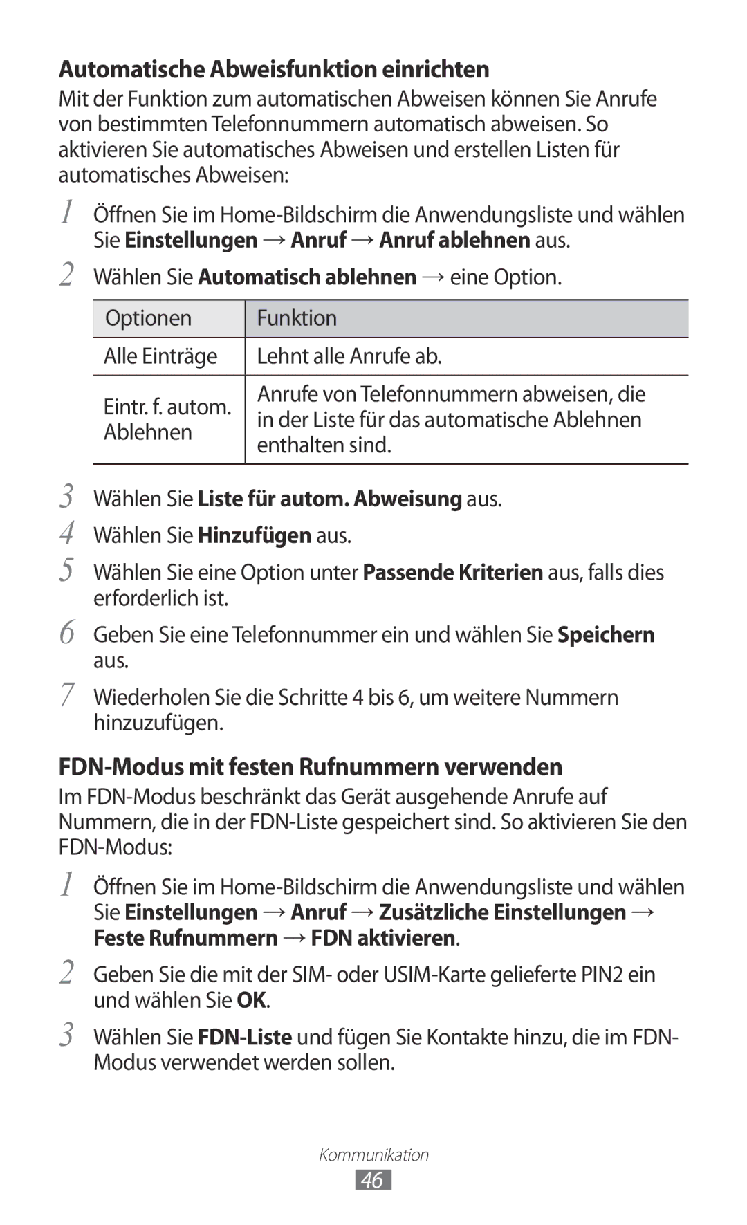 Samsung GT-I9103MAATUR Anrufe von Telefonnummern abweisen, die, Der Liste für das automatische Ablehnen, Enthalten sind 