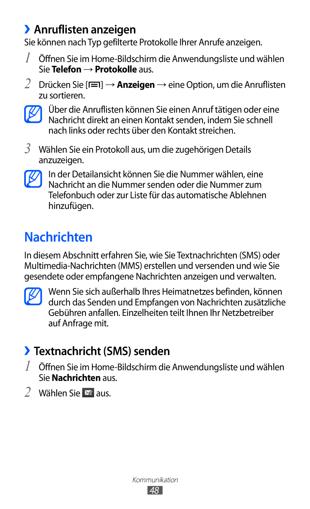 Samsung GT-I9103MAAATO, GT-I9103MAATUR, GT-I9103MAADBT manual Nachrichten, ››Anruflisten anzeigen, ››Textnachricht SMS senden 