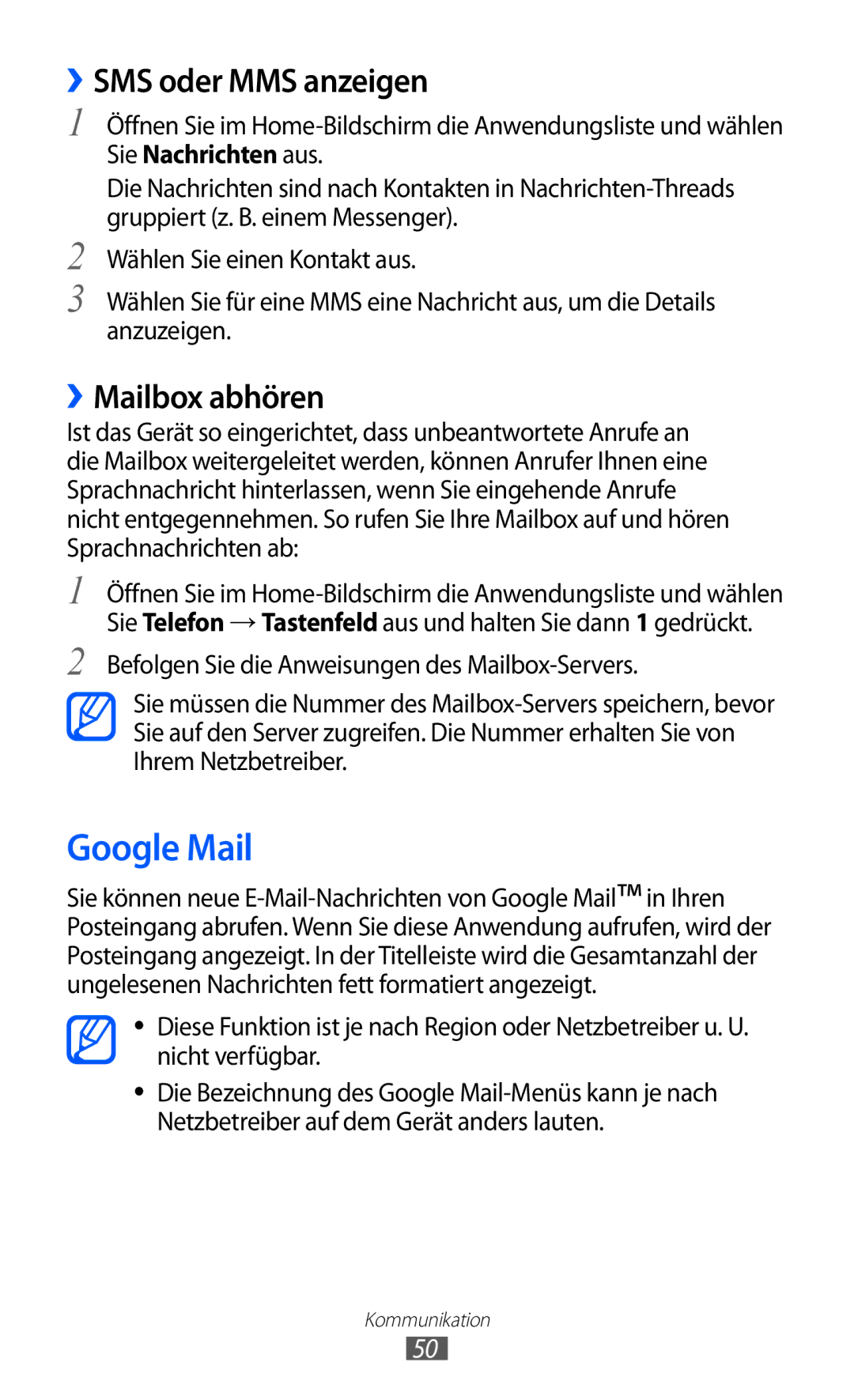 Samsung GT-I9103MAADBT, GT-I9103MAAATO, GT-I9103MAATUR manual Google Mail, ››SMS oder MMS anzeigen, ››Mailbox abhören 