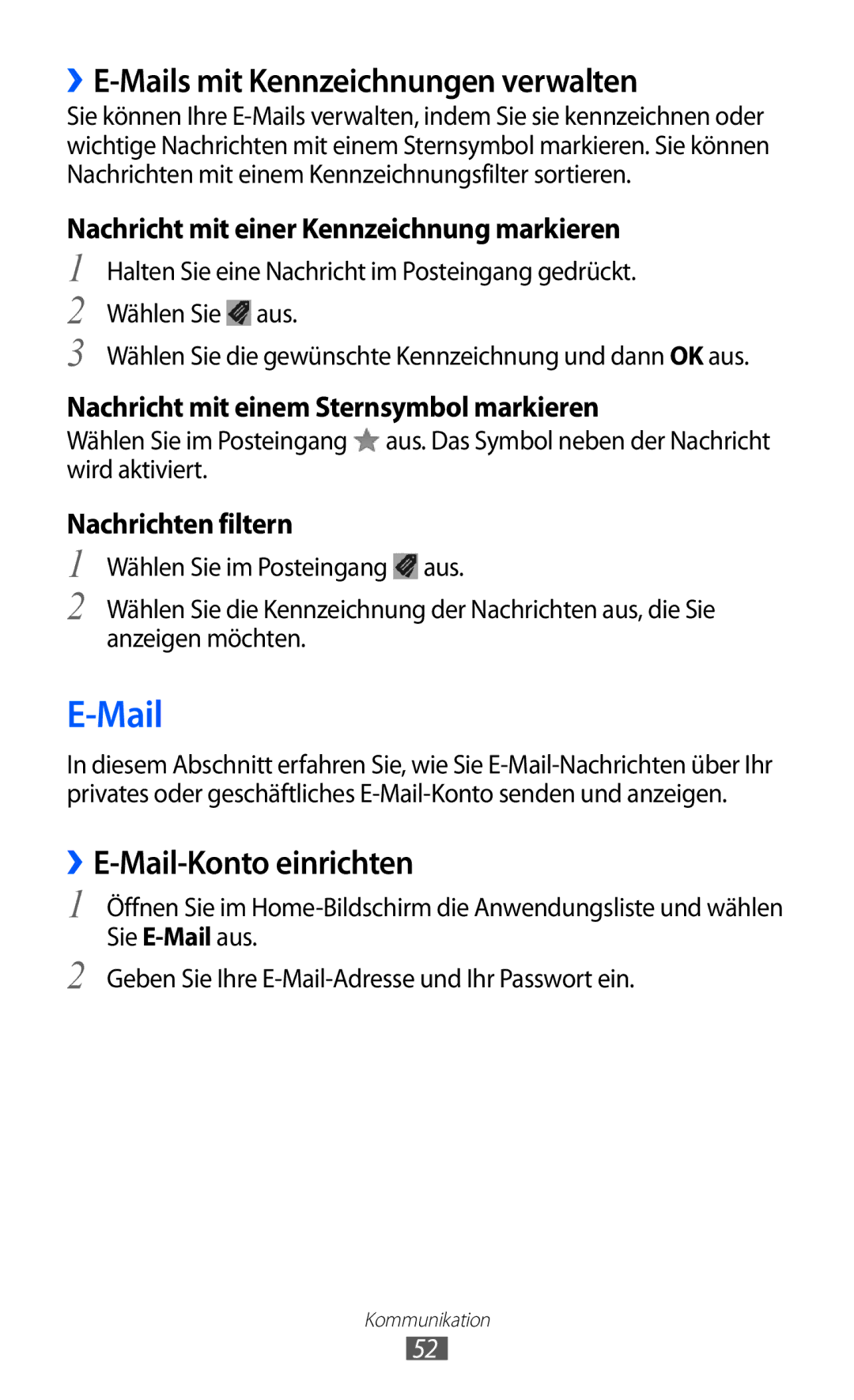 Samsung GT-I9103MAATUR, GT-I9103MAAATO manual ››E-Mails mit Kennzeichnungen verwalten, ››E-Mail-Konto einrichten 