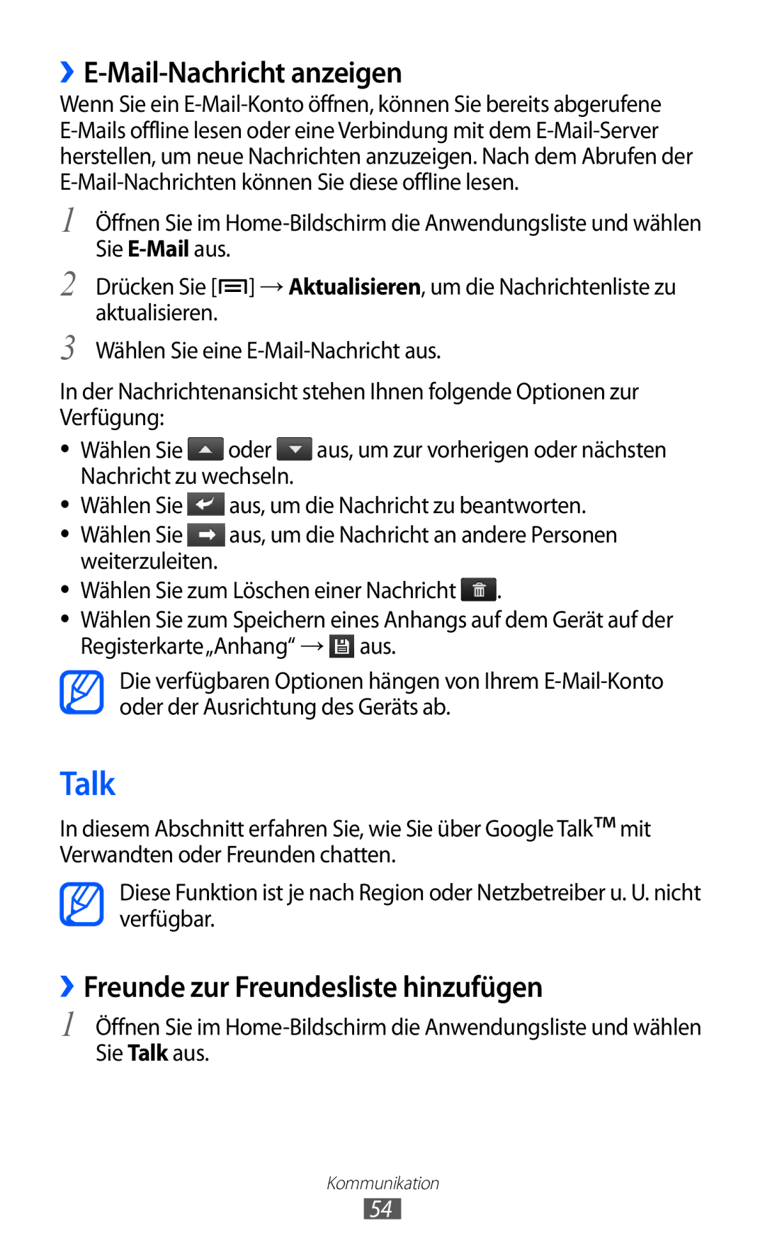 Samsung GT-I9103MAAATO, GT-I9103MAATUR manual Talk, ››E-Mail-Nachricht anzeigen, ››Freunde zur Freundesliste hinzufügen 