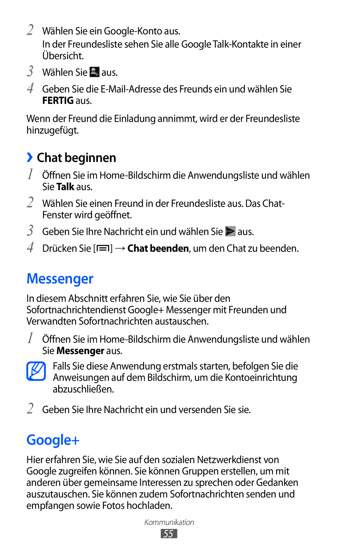 Samsung GT-I9103MAATUR, GT-I9103MAAATO, GT-I9103MAADBT manual Messenger, Google+, ››Chat beginnen 