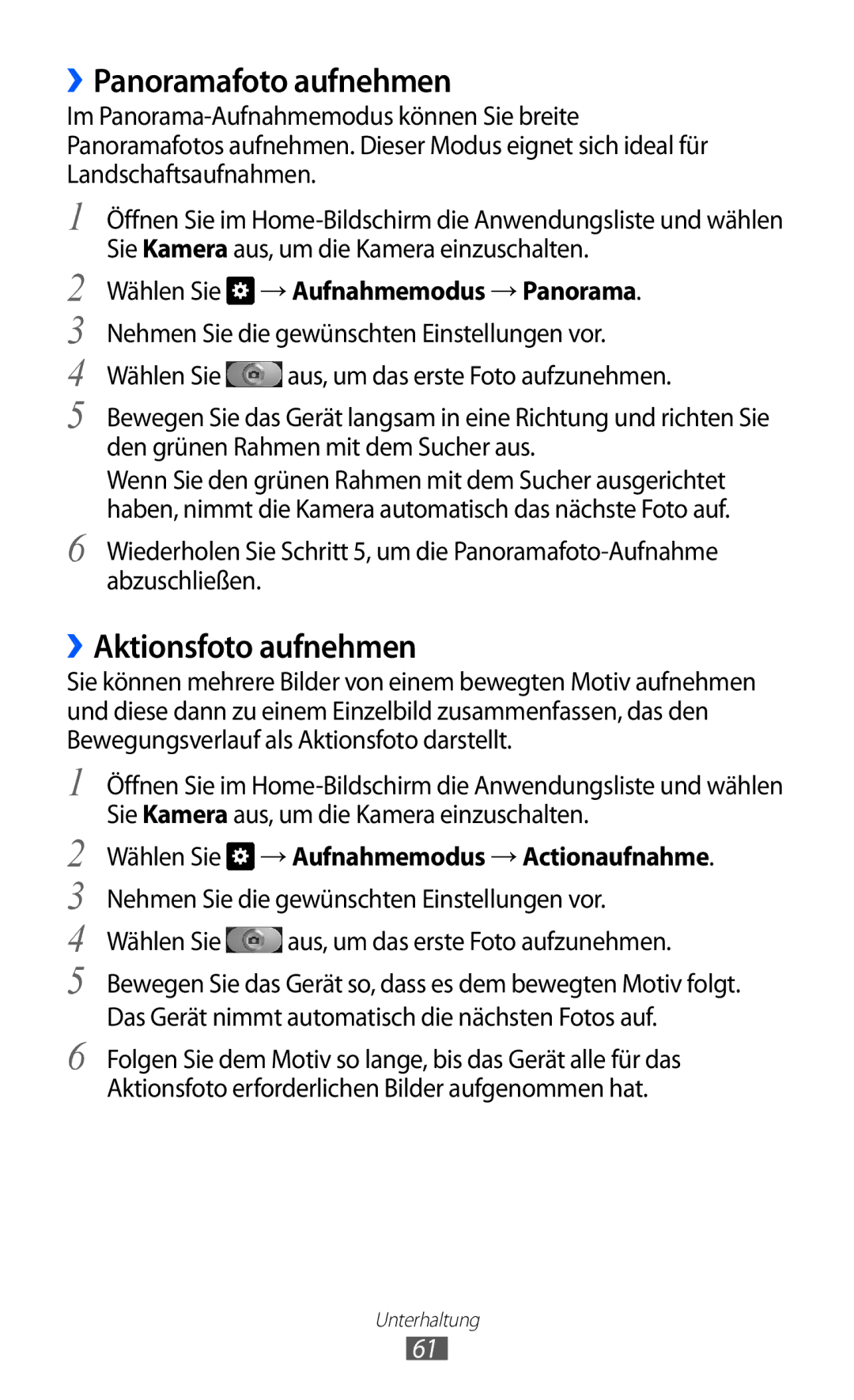 Samsung GT-I9103MAATUR manual ››Panoramafoto aufnehmen, ››Aktionsfoto aufnehmen, Wählen Sie → Aufnahmemodus → Panorama 