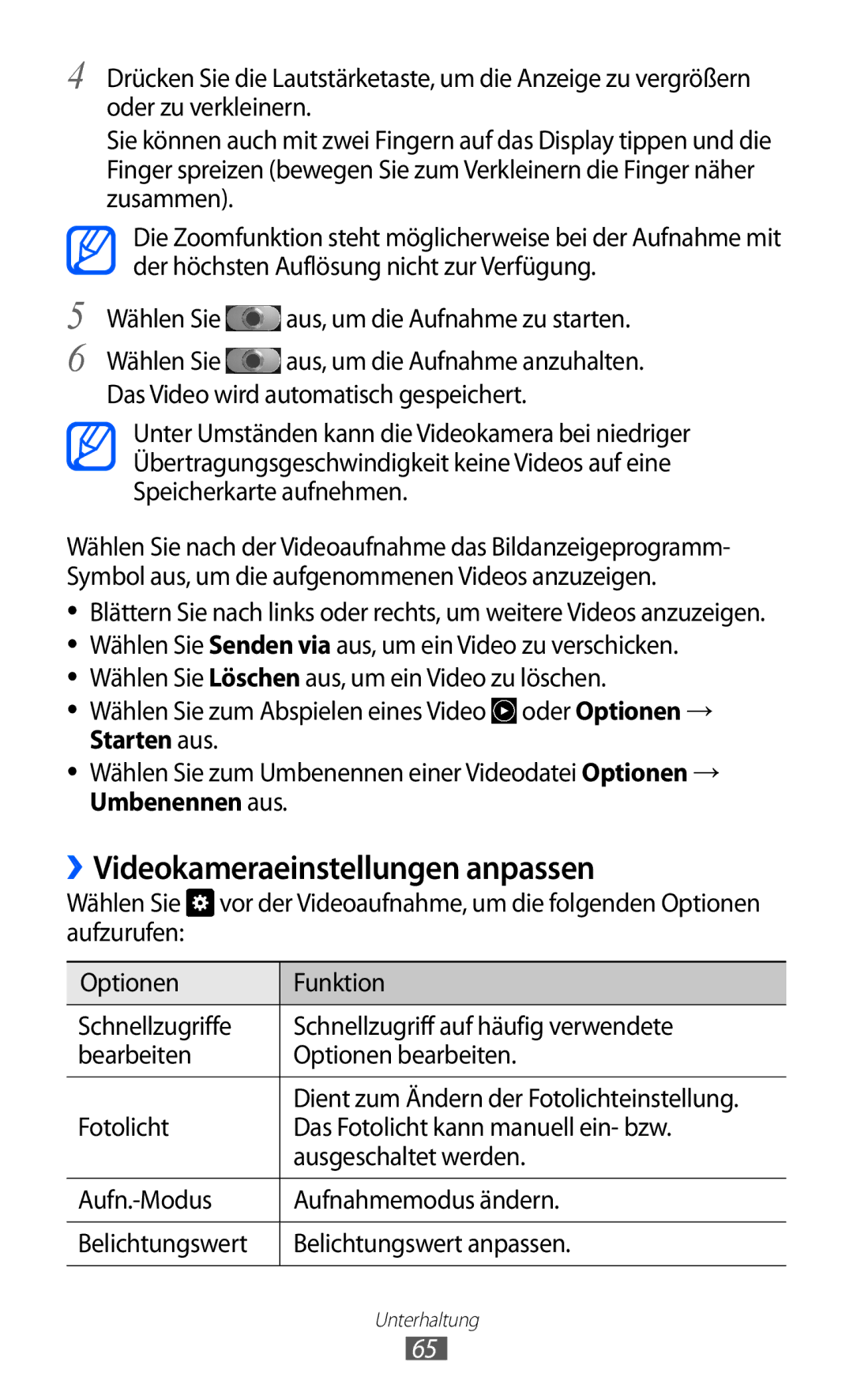 Samsung GT-I9103MAADBT, GT-I9103MAAATO ››Videokameraeinstellungen anpassen, Wählen Sie aus, um die Aufnahme zu starten 