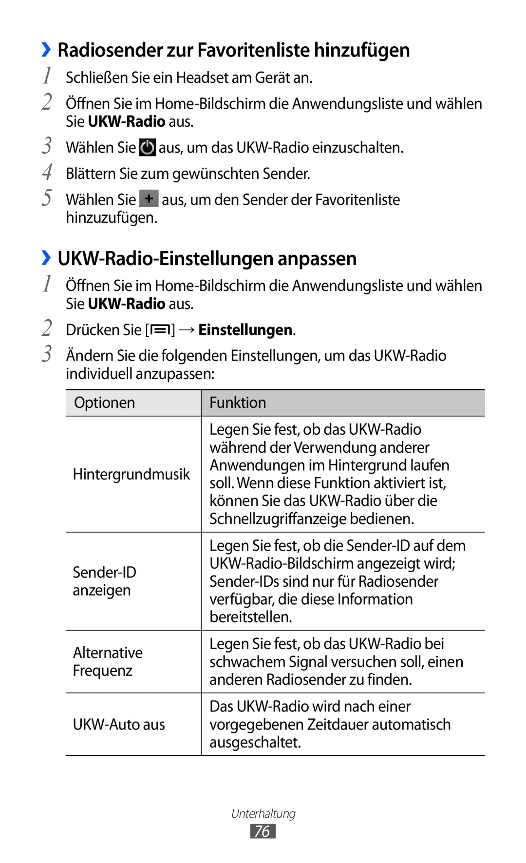 Samsung GT-I9103MAATUR ››Radiosender zur Favoritenliste hinzufügen, ››UKW-Radio-Einstellungen anpassen, Sie UKW-Radio aus 