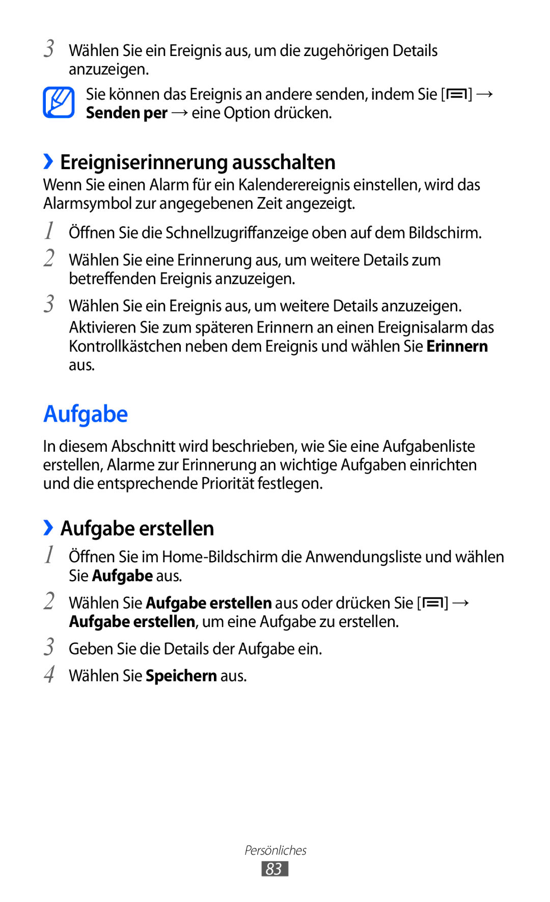 Samsung GT-I9103MAADBT, GT-I9103MAAATO, GT-I9103MAATUR manual ››Ereigniserinnerung ausschalten, Aufgabe erstellen 