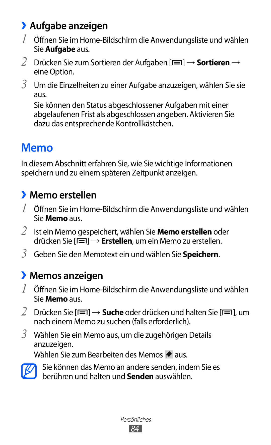 Samsung GT-I9103MAAATO, GT-I9103MAATUR, GT-I9103MAADBT manual ››Aufgabe anzeigen, ››Memo erstellen, ››Memos anzeigen 