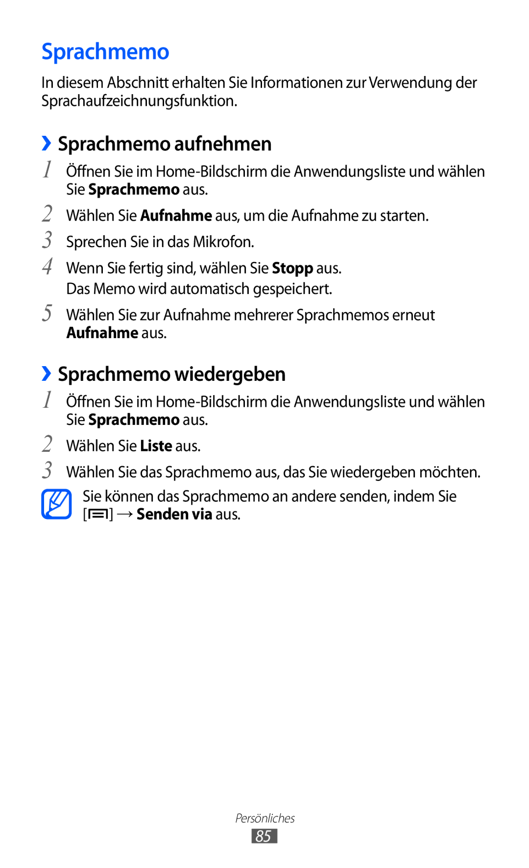 Samsung GT-I9103MAATUR, GT-I9103MAAATO, GT-I9103MAADBT manual ››Sprachmemo aufnehmen, ››Sprachmemo wiedergeben 