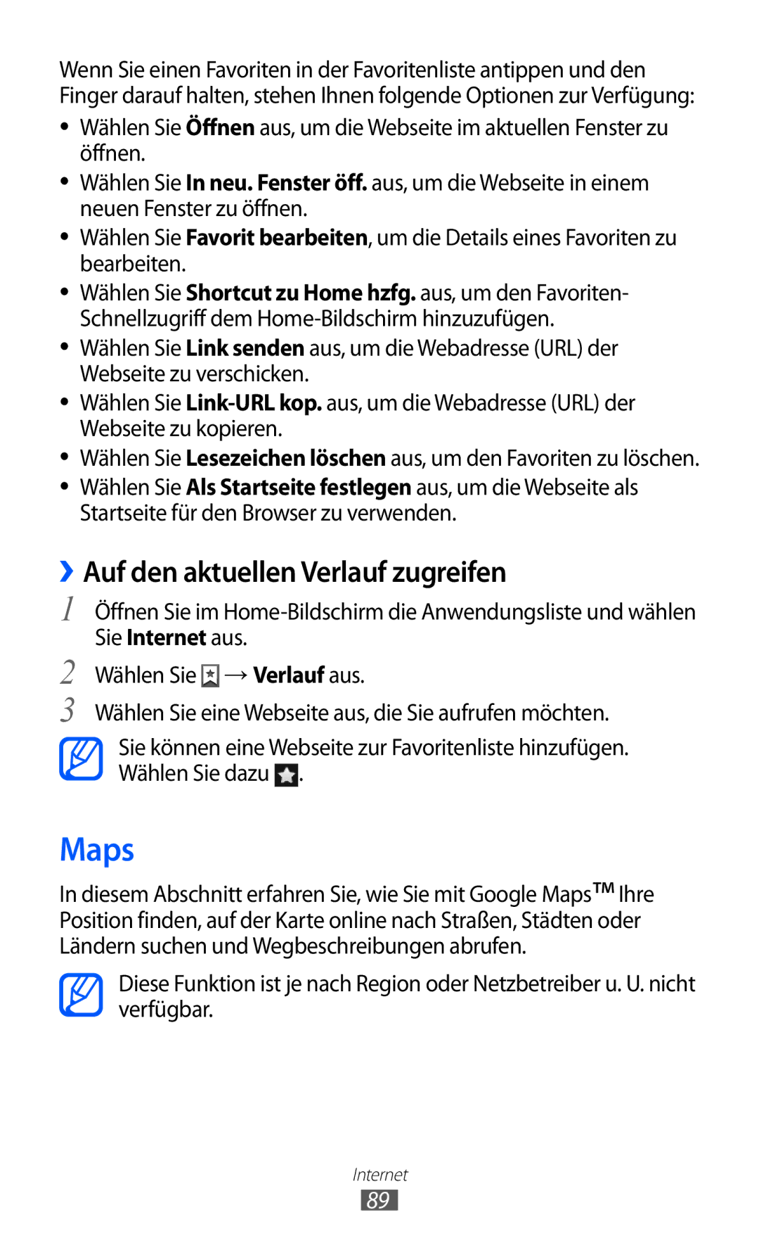 Samsung GT-I9103MAADBT, GT-I9103MAAATO, GT-I9103MAATUR manual Maps, ››Auf den aktuellen Verlauf zugreifen 