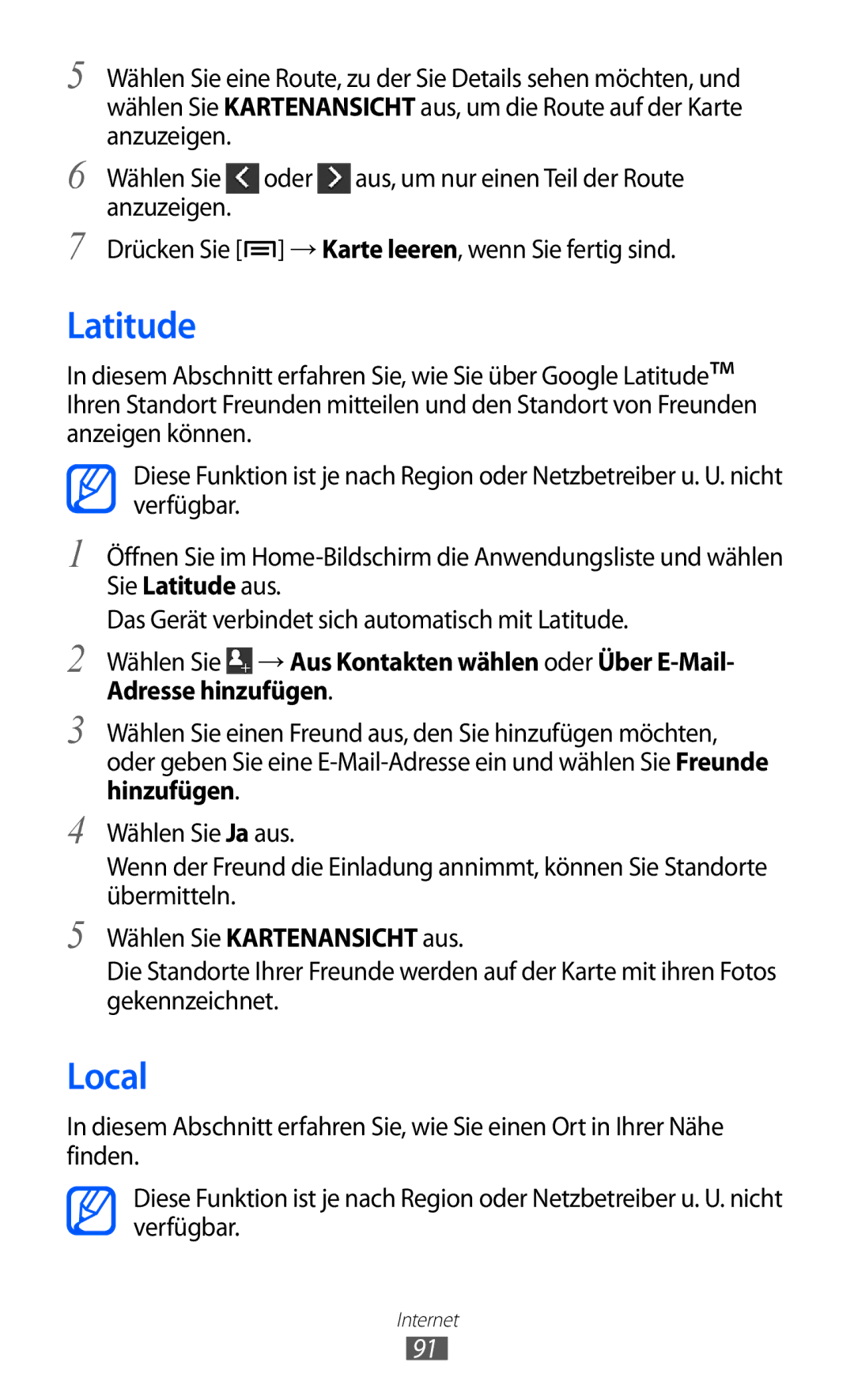 Samsung GT-I9103MAATUR, GT-I9103MAAATO manual Latitude, Local, Anzuzeigen Drücken Sie → Karte leeren, wenn Sie fertig sind 