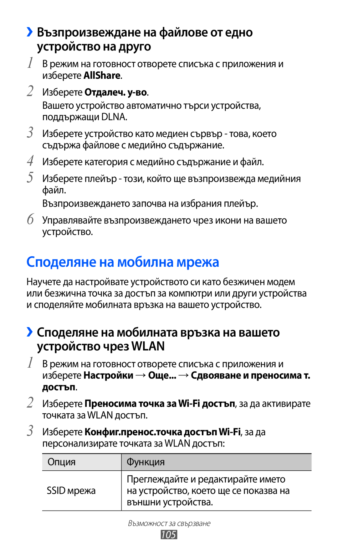 Samsung GT-I9103MAABGL manual Споделяне на мобилна мрежа, ››Възпроизвеждане на файлове от едно устройство на друго, 105 