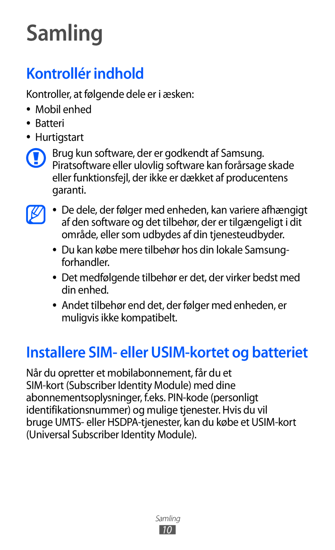 Samsung GT-I9103MAANEE manual Samling, Kontrollér indhold, Kontroller, at følgende dele er i æsken 